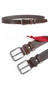 Men's retro leather belt detail view showcasing the textured cowhide and alloy pin buckle.