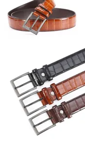 Men alloy pin buckle leather belt detail view, classic embossed pattern casual style.