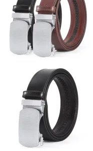 Detailed view of the automatic buckle leather belt showing metal clasp and durable texture.
