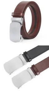 Men's genuine leather ratchet belt with alloy automatic buckle, classic business belt detail.
