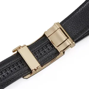 Men's black leather belt with gold automatic buckle, casual business dress belt for men.