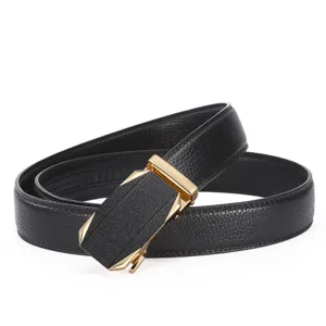 Ceinture en cuir pour homme avec boucle automatique dorée, ceinture de pantalon noire.
