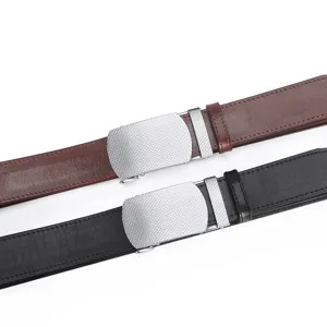 Men's genuine leather business belt with alloy automatic buckle, classic stylish accessory.
