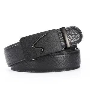 Men's automatic buckle leather belt, black casual dress belt with stylish metal alloy buckle.