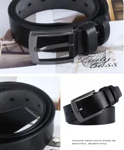 Men's black leather belt with alloy pin buckle for business trousers detail view