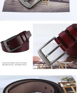 Men casual genuine leather belt with alloy pin buckle, detailed close-up product view.