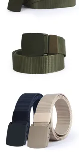 Nylon tactical belt detail showing durable webbing, solid buckle, and multiple color options.