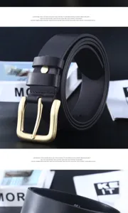 Detailed shot of a black genuine leather men's belt with a stylish gold pin buckle.