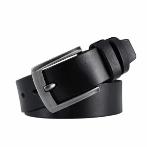 Men black leather belt with alloy pin buckle, classic casual business cowhide waist belt.