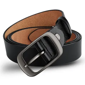 Classic black leather belt for women with elegant metal pin buckle, stylish and versatile casual accessory.