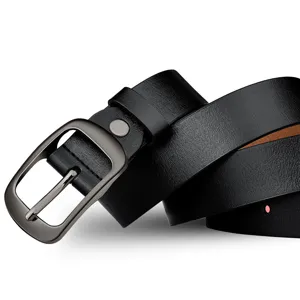 Classic black leather belt for women with sleek metal pin buckle. Simple daily fashion style.