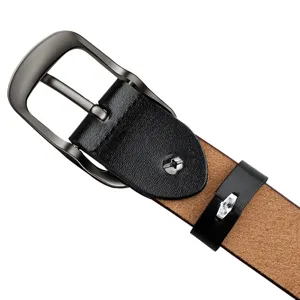 Women's genuine leather belt featuring a classic pin buckle and black strap design.