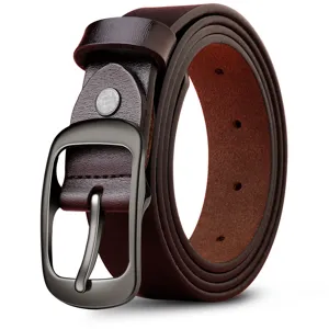 Women brown leather belt with stylish dark pin buckle, minimalist casual pants strap.