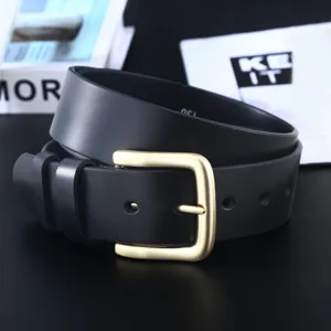 Men's Classic Black Leather Belt with Matte Gold Pin Buckle Casual Business Dress Pants Belt