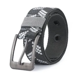 Men's nylon tactical belt with metal pin buckle, grey woven geometric pattern outdoor waist belt.