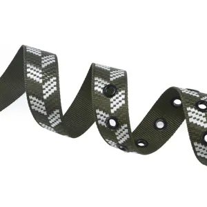 Men's green nylon tactical belt with white pattern and metal eyelets for outdoor travel use.