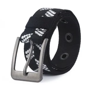 Men's black and white woven tactical belt with metal pin buckle casual outdoor style