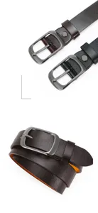 Closeup details of women's genuine leather pin buckle belt in classic black and brown.