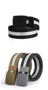 Close-up view of durable nylon web belts featuring secure plastic buckles and striped patterns.