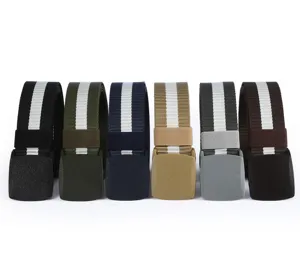 Detailed view of durable nylon canvas web belts featuring plastic buckles and stripes.