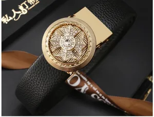 Men luxury rhinestone cross buckle leather belt business casual fashion trendy black PU belt