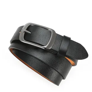 Women's black leather belt with simple metal pin buckle, versatile everyday fashion accessory.