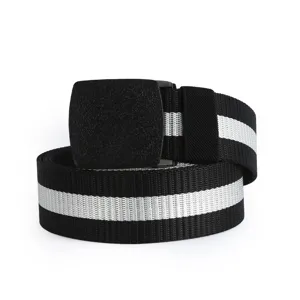 Casual nylon web belt with black plastic buckle and white center stripe for outdoor use.