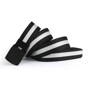 Black and white striped nylon belt with plastic buckle, casual outdoor web belt for use.