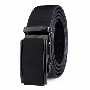 Men's leather belt with automatic alloy buckle, casual business litchi grain belt strap.