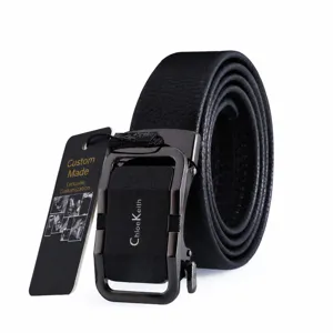 Men's black leather belt with automatic metal buckle, rolled product main image display.