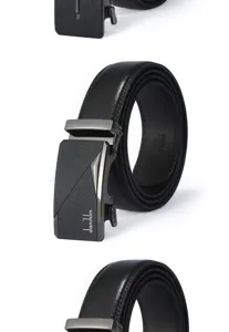 Detailed view of black genuine leather automatic belt with gunmetal geometric buckle.