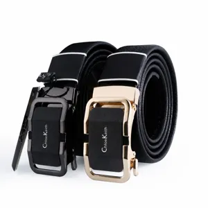 Men's premium leather business automatic buckle belt set with alloy buckle and gift box packaging.