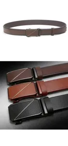 Men's automatic buckle leather belt detail showing textured strap and multiple color options.