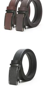 Close-up detail of mens automatic buckle leather belt with textured design and metal clasp.