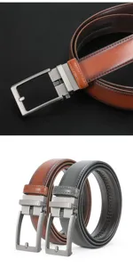 Detailed view of men automatic buckle leather belt showing refined texture and hardware.