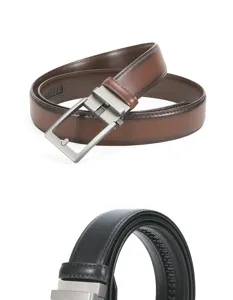 Men's automatic ratchet leather belt with metal buckle, stylish business casual daily wear.