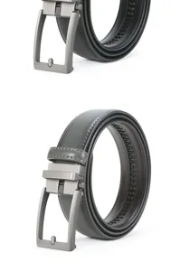 Men's automatic ratchet leather belt with metal buckle, stylish business casual daily wear.