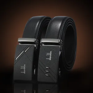 Classic men leather belt with automatic metal buckle, business casual style for trousers.