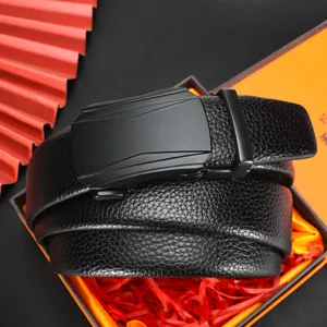 Ceinture en cuir noir pour homme avec boucle automatique en alliage, ceinture élégante mode.