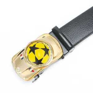 Men's automatic leather belt with stylish gold sports car buckle and star design casual.