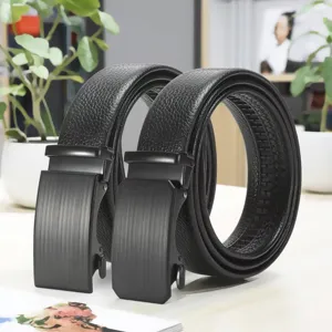 Classic black leather automatic buckle belt for men, stylish business casual daily wear.
