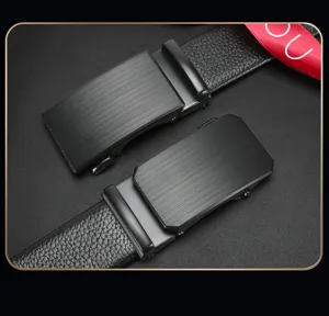 Close-up detail of black leather automatic buckle belt with metal buckle, business style.