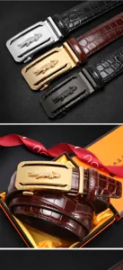 Men's automatic buckle leather belt with crocodile texture. Classic business style design.