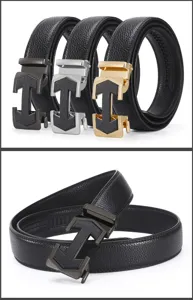 Men leather belt detail, automatic metal buckle, textured strap close up view, black grey.