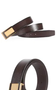 Ceinture en cuir marron foncé pour homme avec boucle rectangulaire dorée, élégante.
