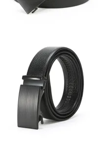 Close-up detail of black leather automatic buckle belt for men, featuring sleek metal brushed texture.