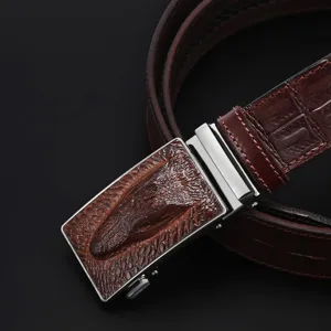Men's genuine leather belt with crocodile embossed strap and automatic metal buckle.