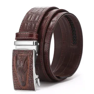 Men's genuine cowhide leather automatic buckle belt with stylish embossed crocodile pattern.