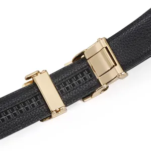 Premium men's leather business belt with stylish gold automatic buckle and clean textured strap.