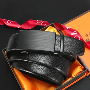 Premium men's genuine leather automatic buckle belt in luxury gift box, stylish business design.